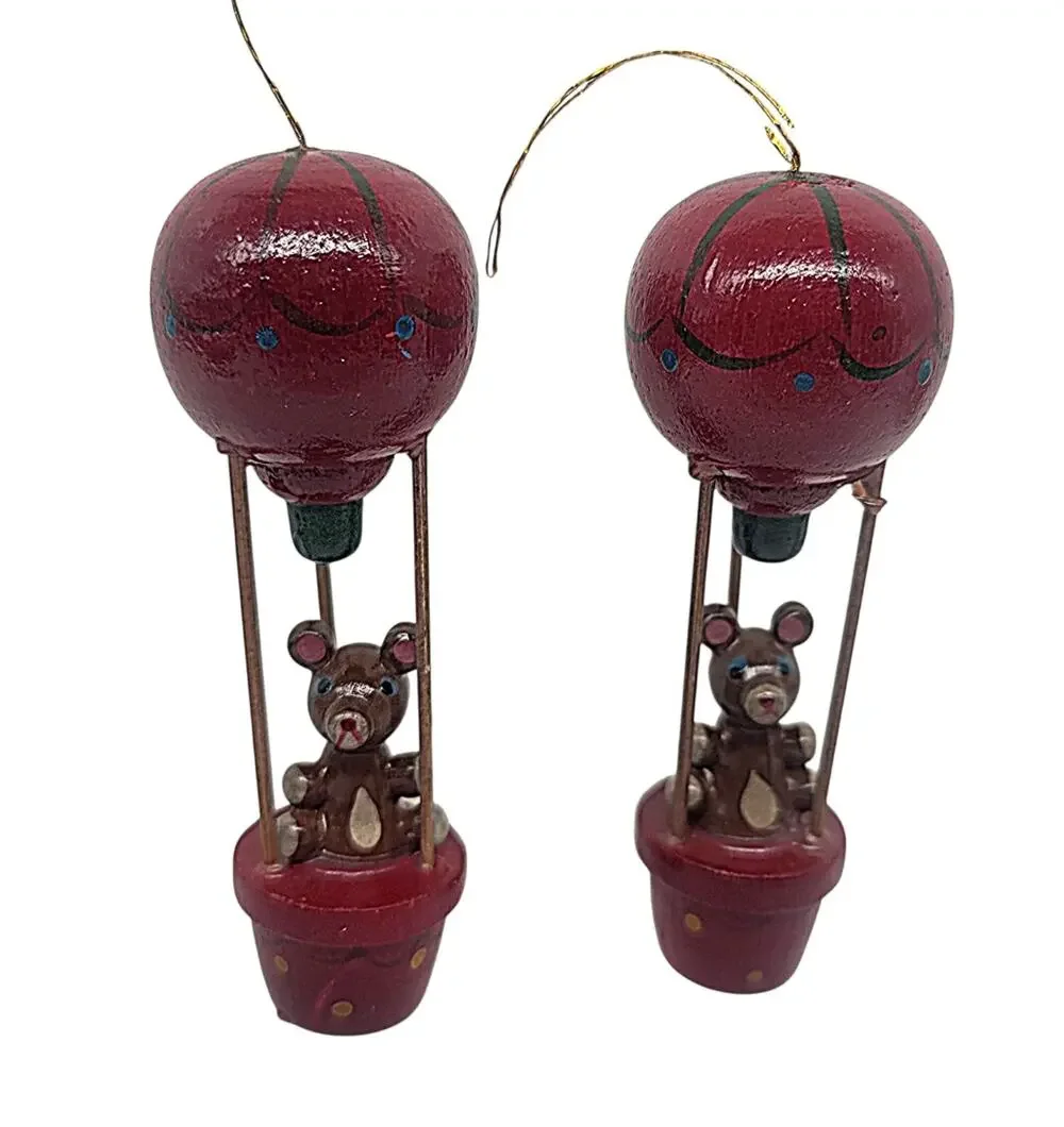 Vtg Lot of 2 Wooden Teddy Bears Hot Air Balloons Christmas Ornaments 4.5